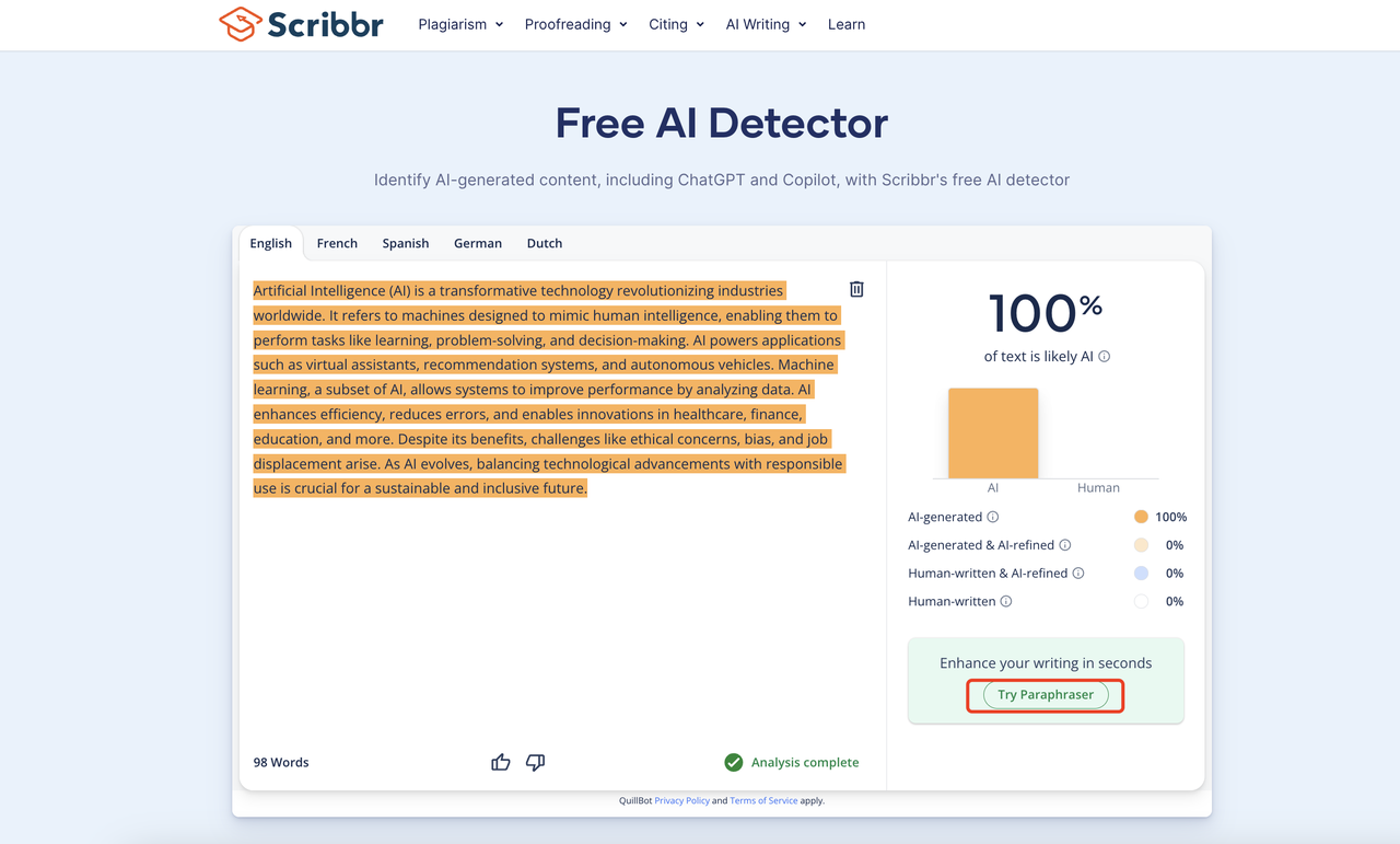 Scribbr Free AI Detector
