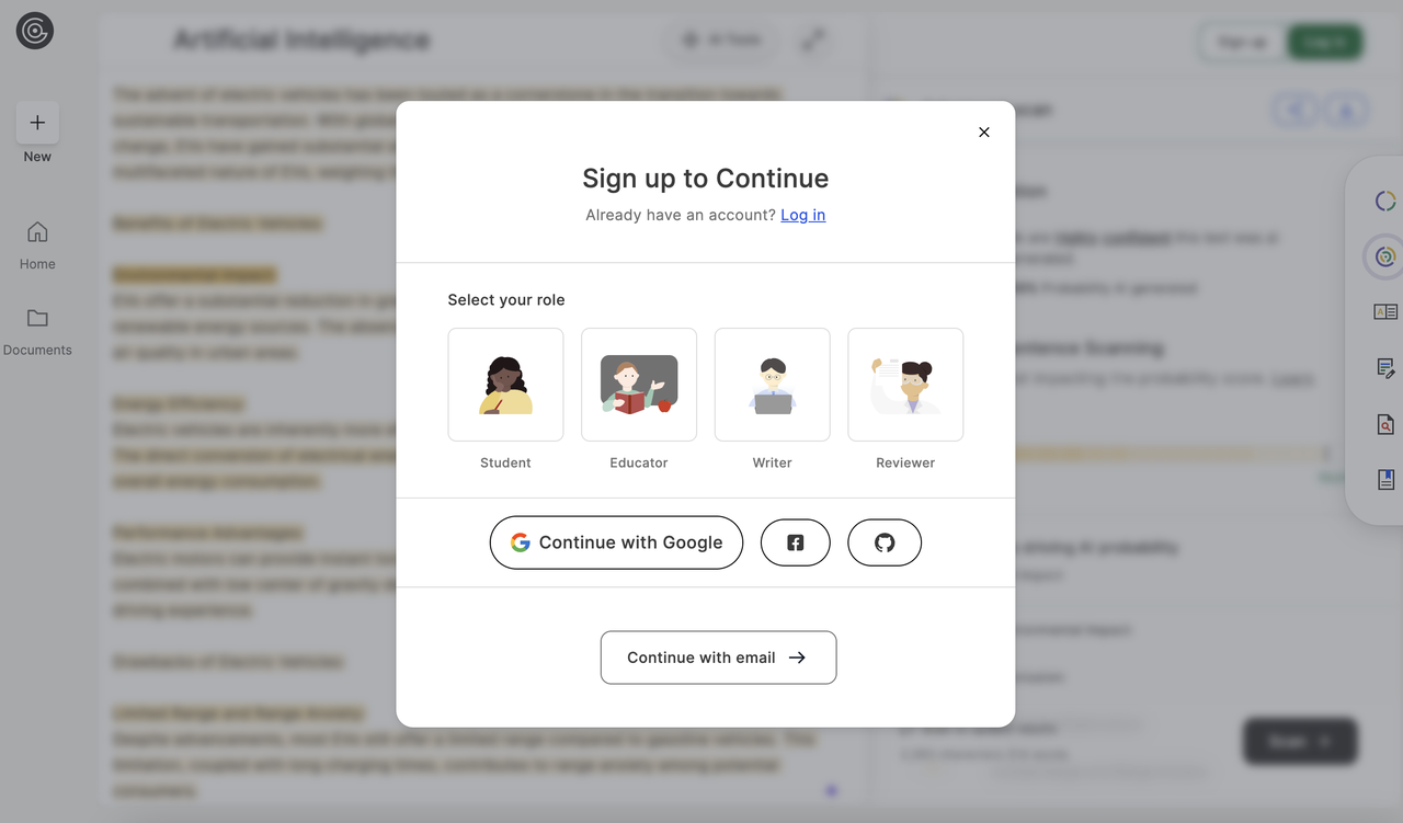 GPTZero AI detector Sign up pop-up window