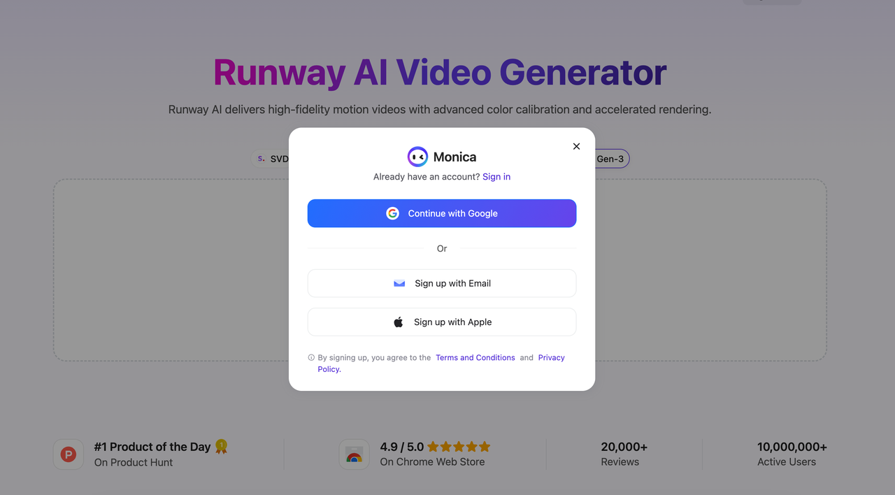 Monica's Runway AI login screen