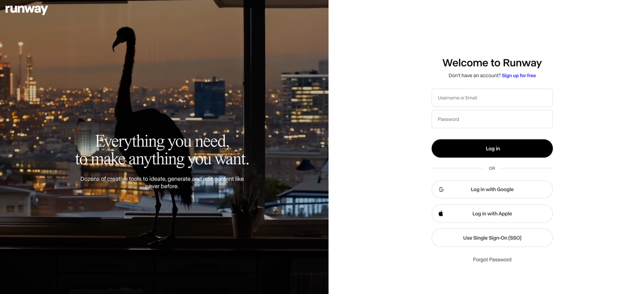Runway AI login interface